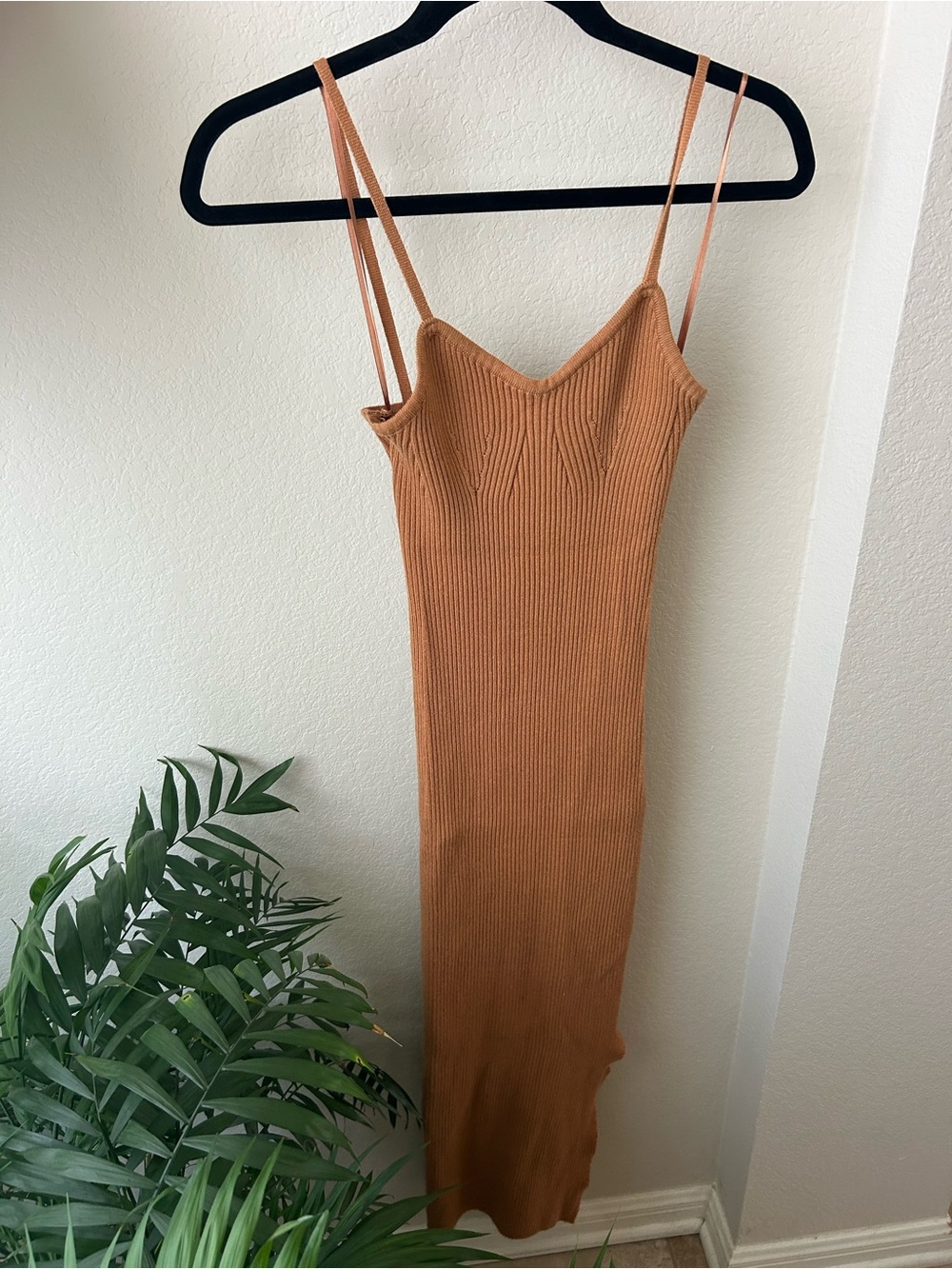 Slim Ribbed Maxi Slip Dress in Camel Tan
